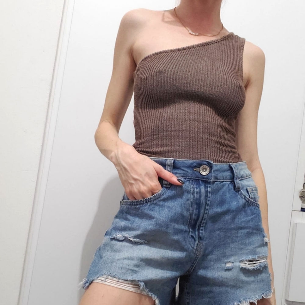 Taupe ribbed one shoulder top